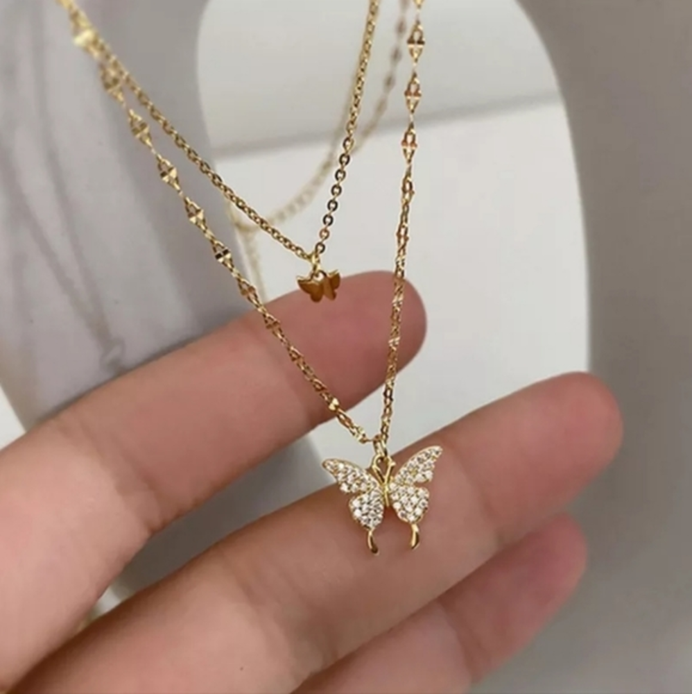 social butterfly gold zirconia‎ Pendant Necklace NEW Double Layer layered.